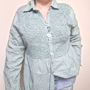 Parsley & Sage Embroidered Cotton Button Up Tunic Top with Statement Sleeves